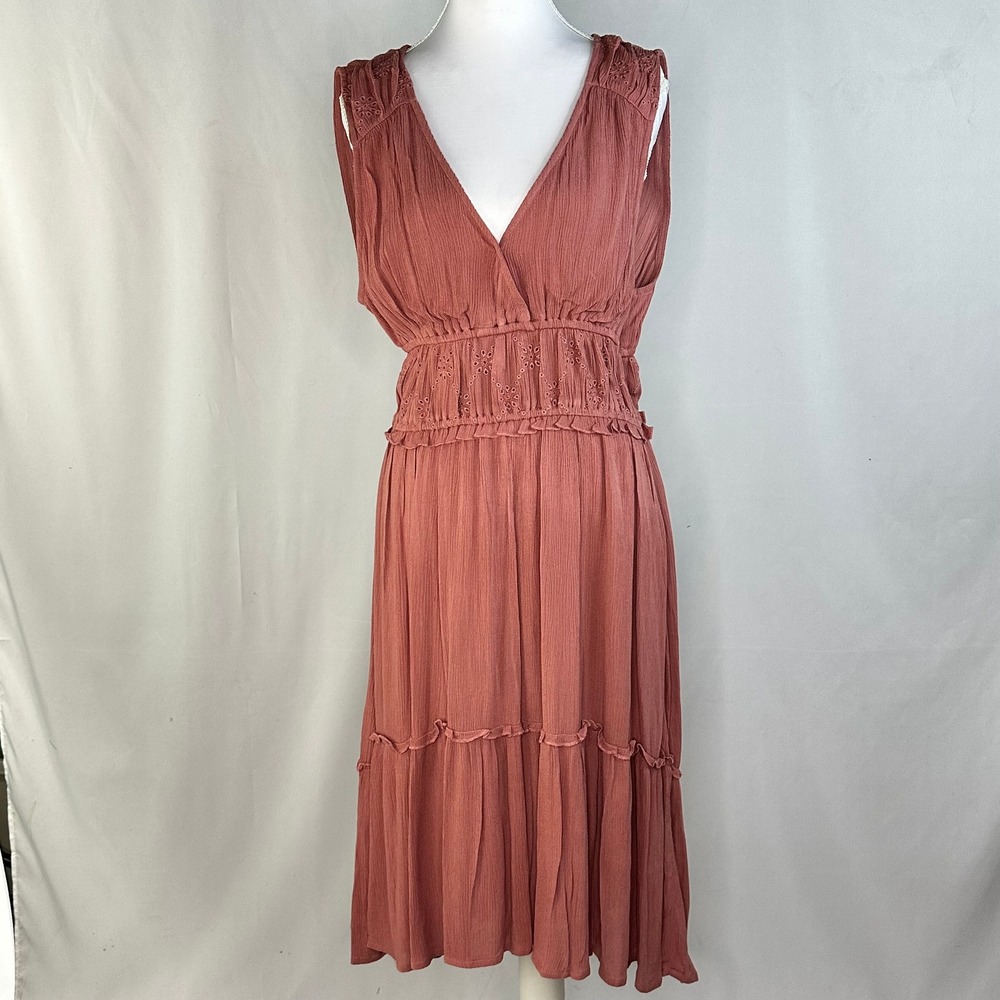 LOVESTITCH Women Large Dress Rose Pink Grecian Eyelet Boho Midi Mediterranean